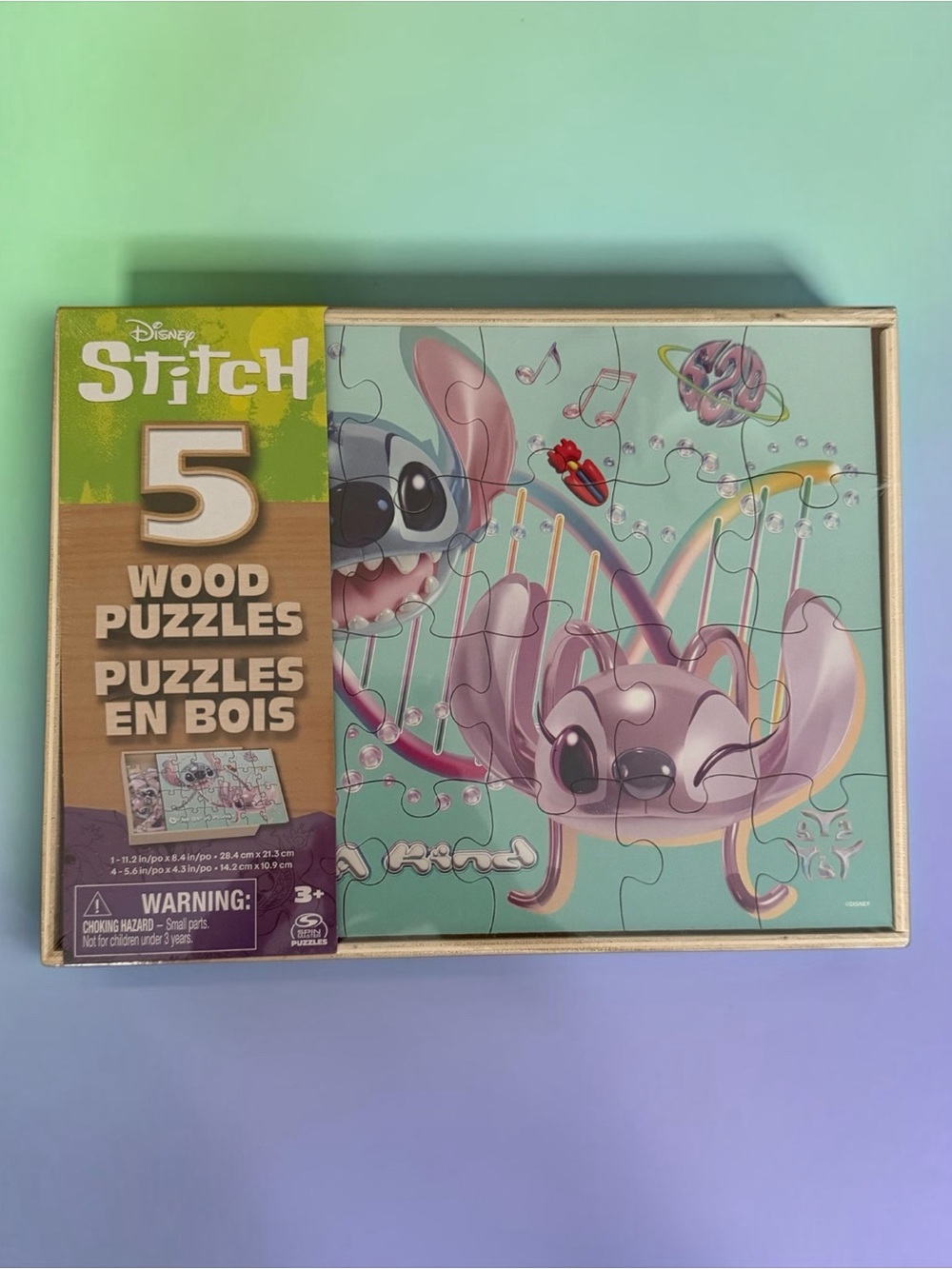 (NEW) Disney Stitch (5) Wooden Puzzles & Wooden Storage Box
